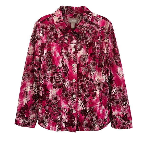 Chico's Jackets & Blazers - Chico's Pink Floral Button Front Jacket Size 2 Large Cotton Blend‎ Long Sleeve